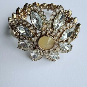 Gold Crystal Flower Statement Bracelet - Women Jewelry